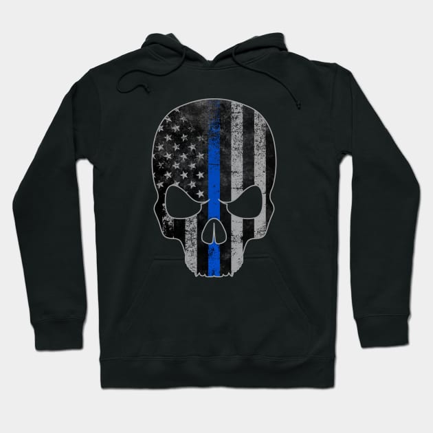 Blue Line American Flag Skull Hoodie by Runesilver